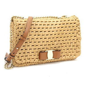 Salvatore Ferragamo Vara Shoulder Bag Brown Leather Raffia Bag chain ribbon